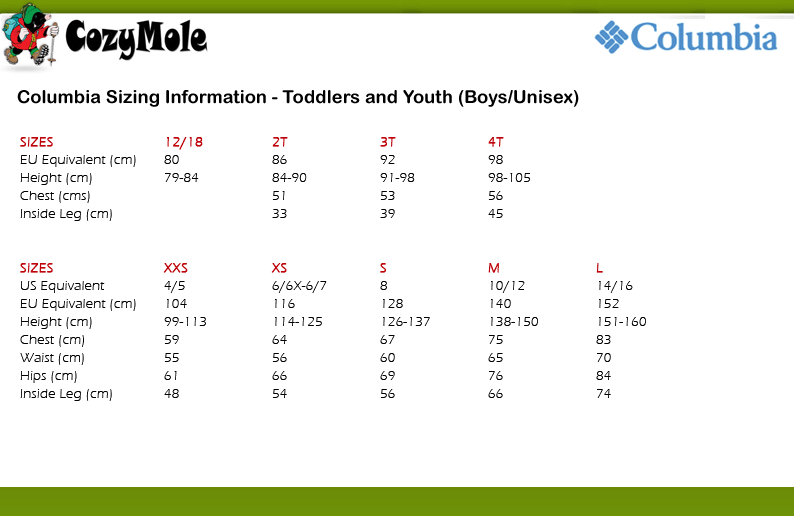 Columbia Kids Size Chart