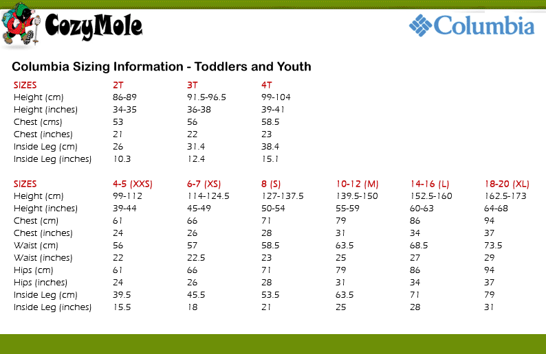 Boys Columbia Size Chart