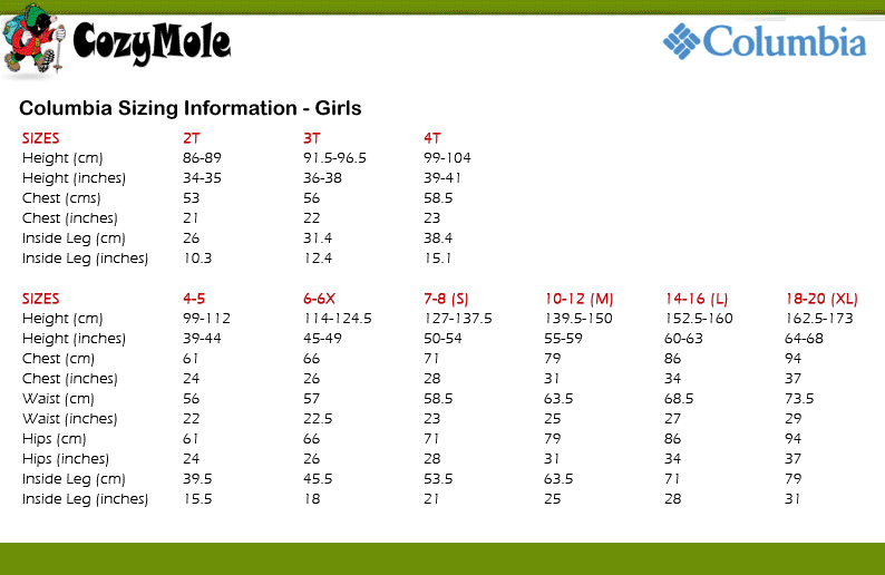 Girls Columbia Size Chart