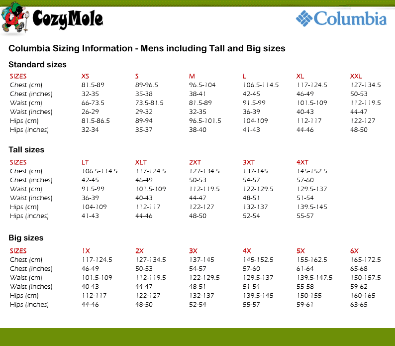 Columbia Big And Size Chart