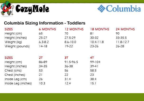 Columbia Toddler Snowsuit Size Chart