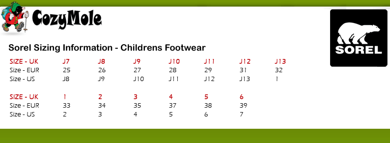 Sorel Toddler Boots Size Chart